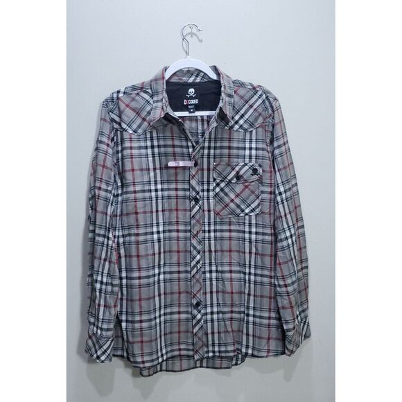 Decoded Shirt Men Medium Long Sleeve Brown Button Up Skull Logo Skater Check Top - Picture 1 of 11